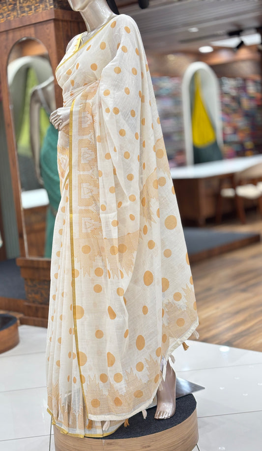 Chanderi Cotton Saree | Polka Dots | Temple Design on border | with Unstitched Blouse