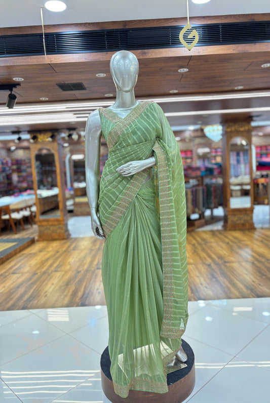 Chiffon Stripe Saree With Stone Border and Unstitched Blouse material