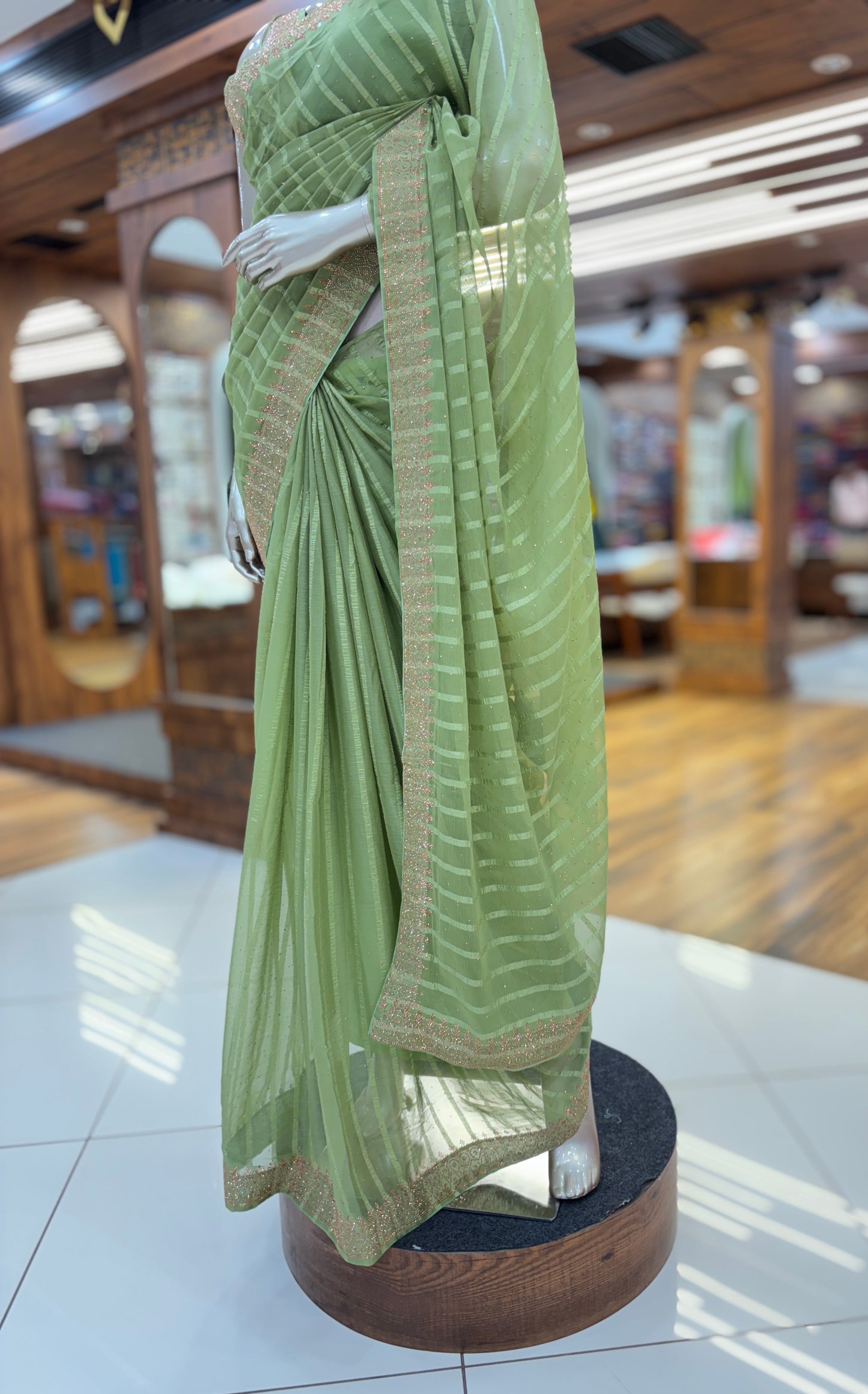 Chiffon Stripe Saree With Stone Border and Unstitched Blouse material