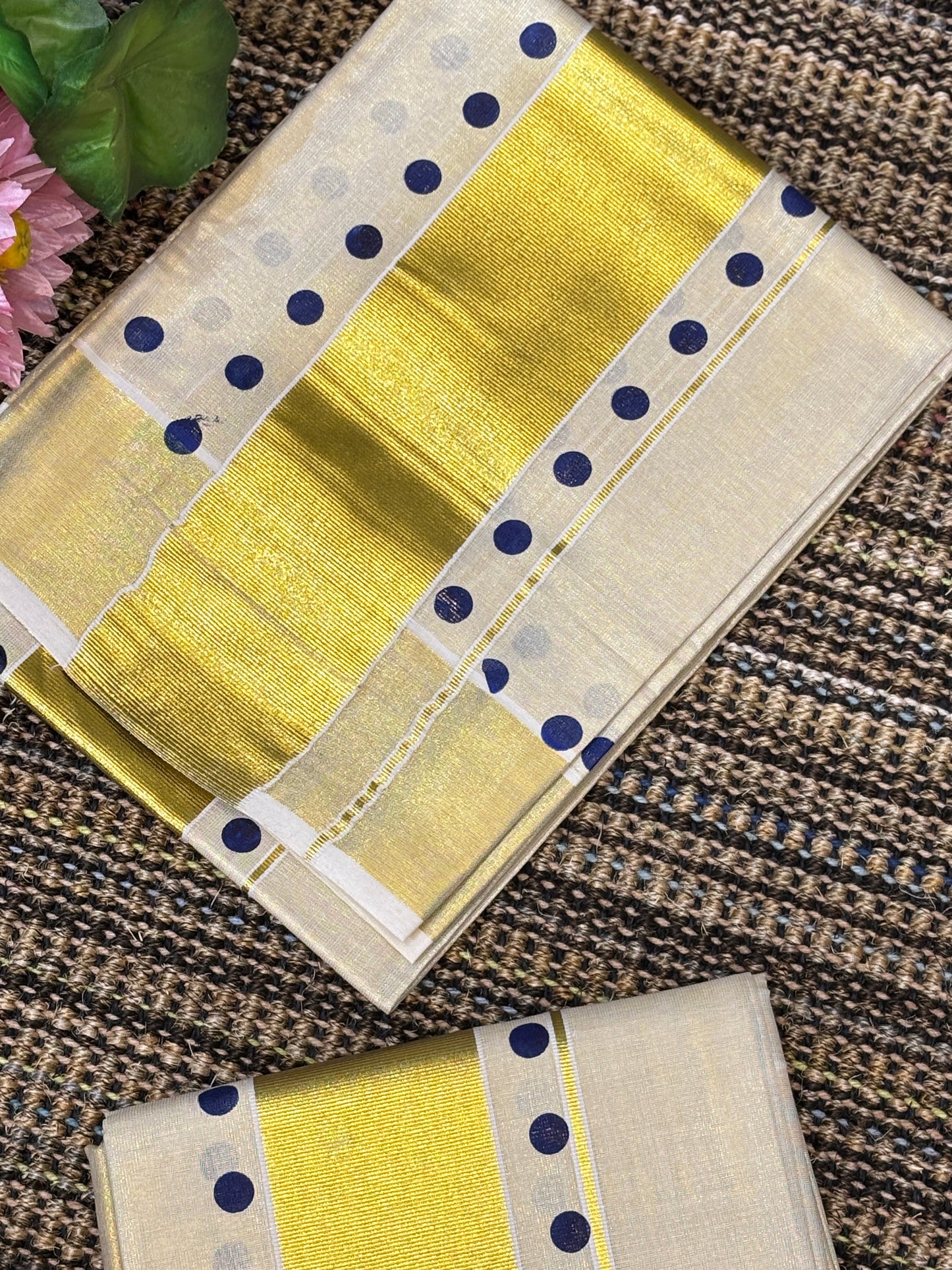 Polka Dot Set Mundu with Golden Kasavu | Blue Dots