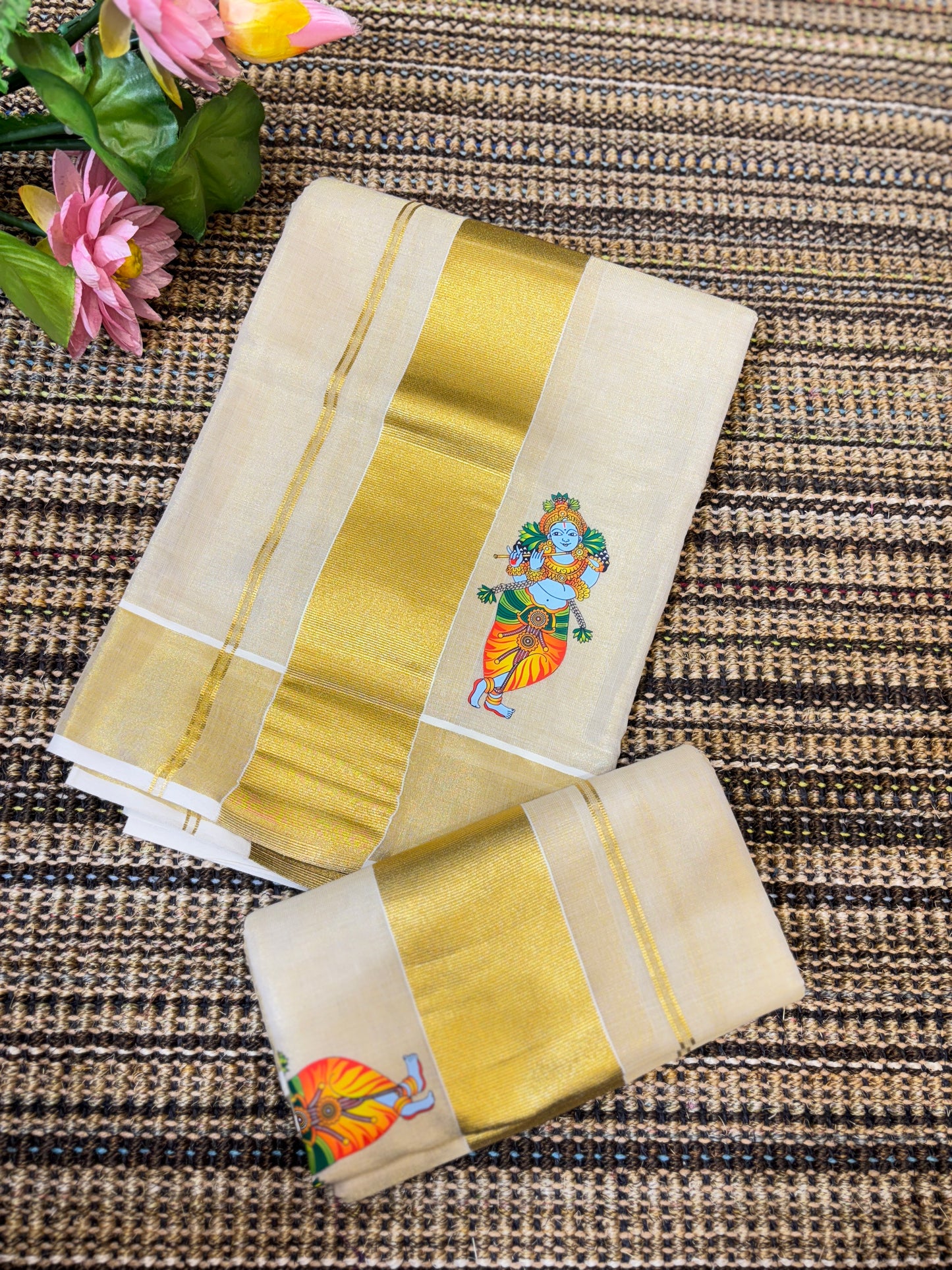 Women's Kerala Traditional Kasavu Set Mundu | Tissue Golden Zari Saree | Mural Print of Lord Krishna