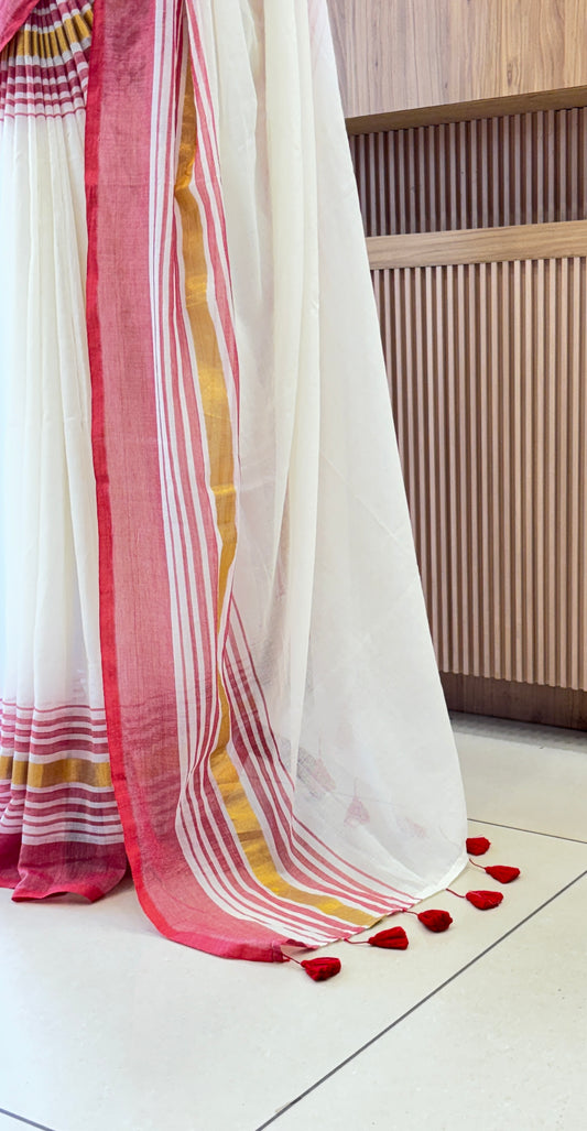 Soft Mul Cotton Saree with Red & Golden Border | With Tassels |