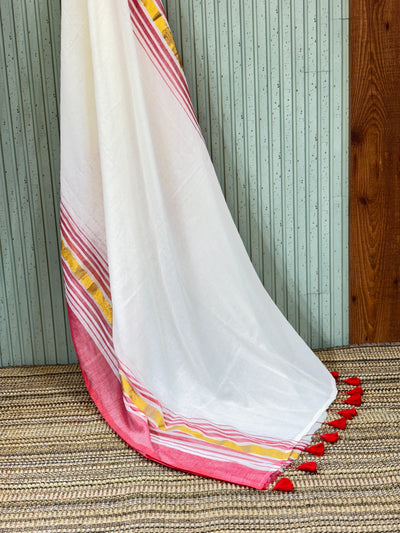 Soft Mul Cotton Saree with Red & Golden Border | With Tassels |