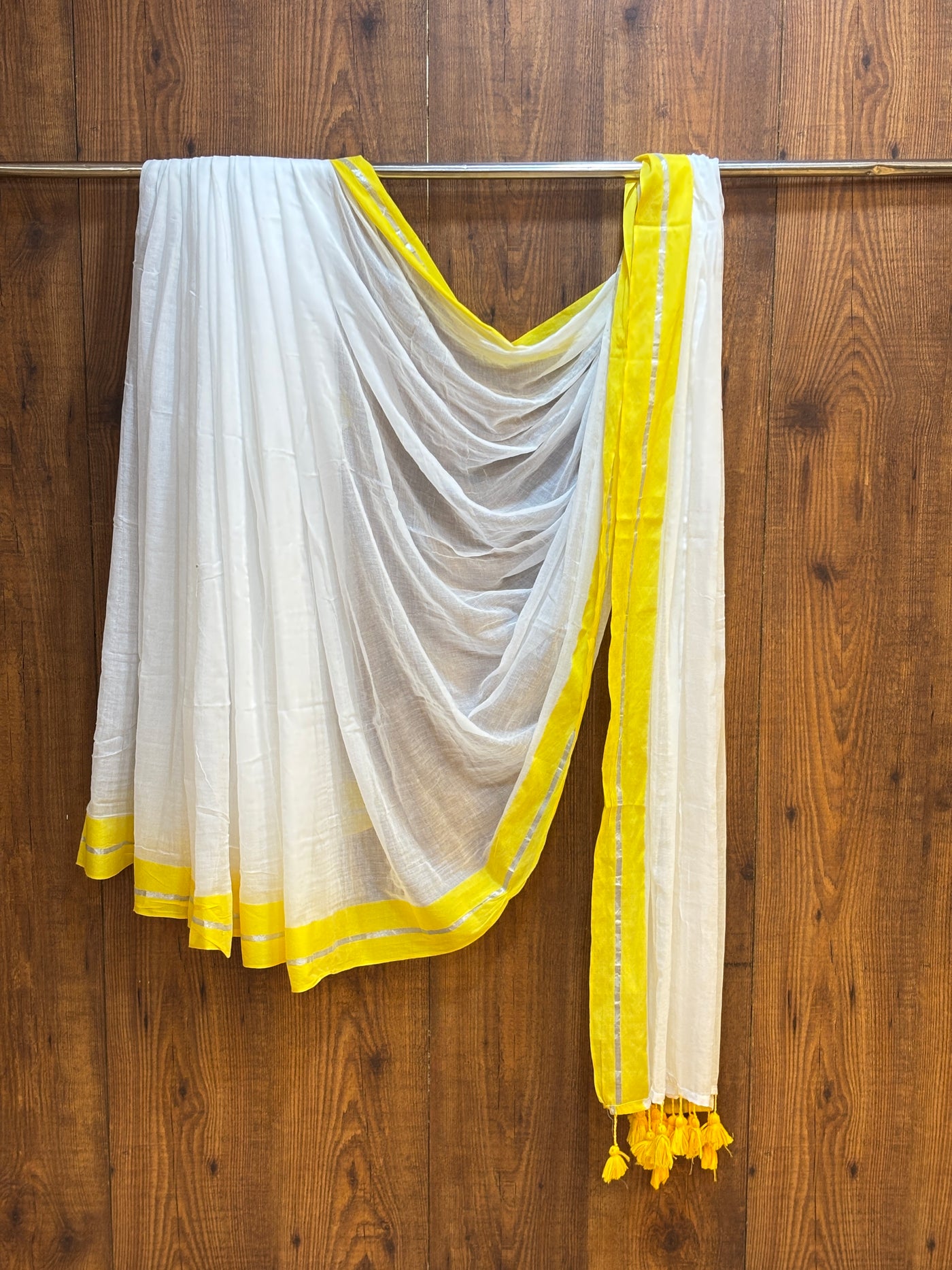 Soft Mul Cotton Saree with Yellow & Silver Border |With Tassels |
