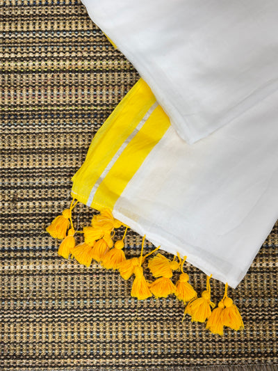 Soft Mul Cotton Saree with Yellow & Silver Border |With Tassels |