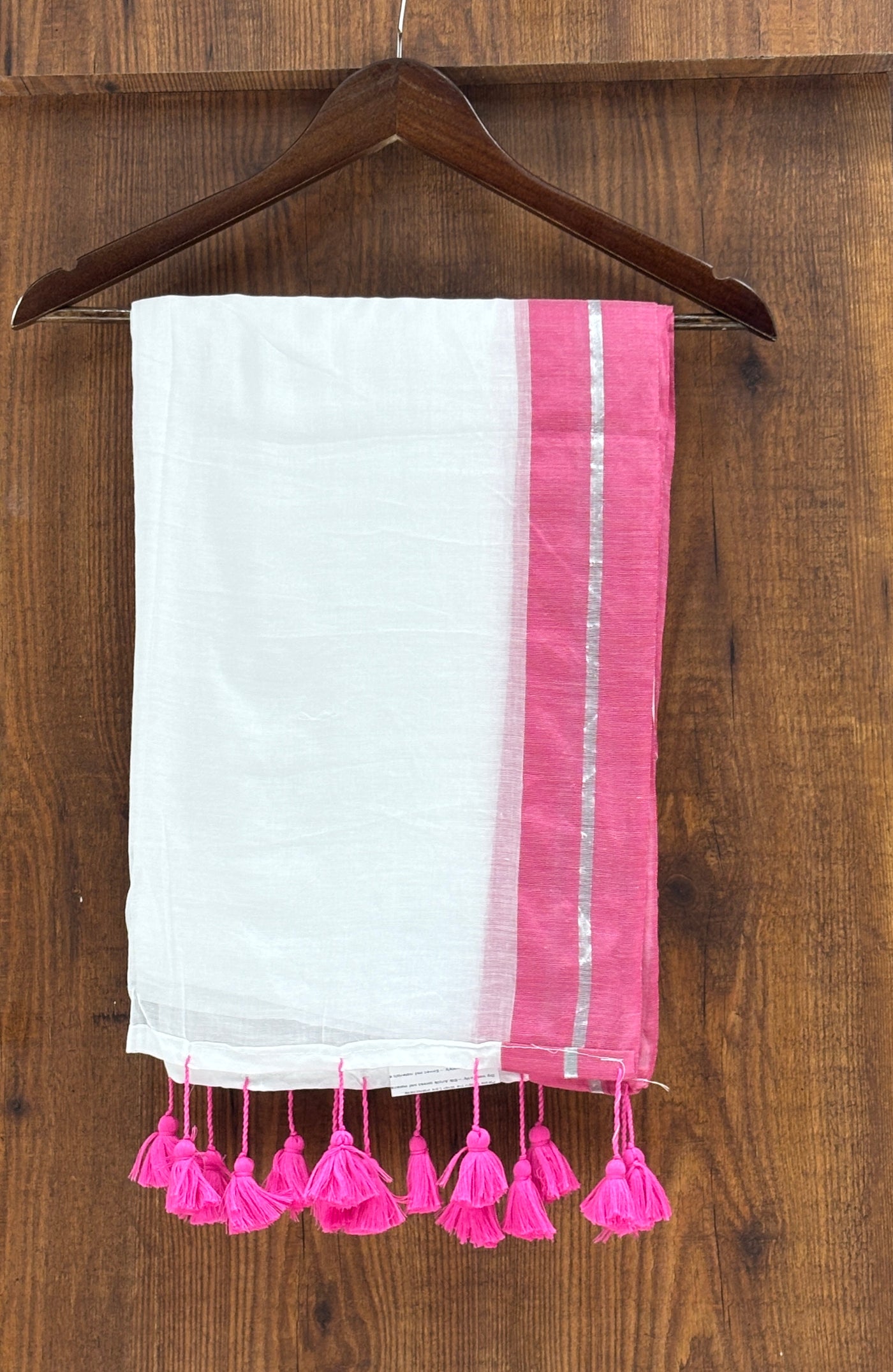 Soft Mul Cotton Saree with Rose & Silver Border |With Tassels |