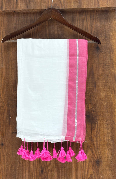 Soft Mul Cotton Saree with Rose & Silver Border |With Tassels |