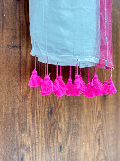 Soft Mul Cotton Saree with Rose & Silver Border |With Tassels |