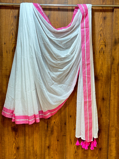 Soft Mul Cotton Saree with Rose & Silver Border |With Tassels |