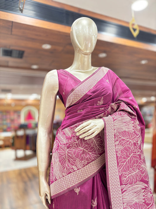 Semi Jute Saree | Floral Embroidery |