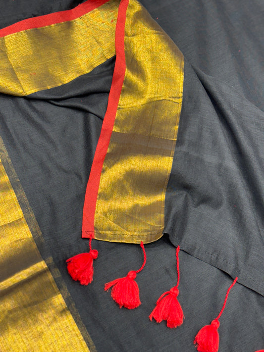 Mul Cotton Black Saree | with Red  & Golden Border | with Red Tassels