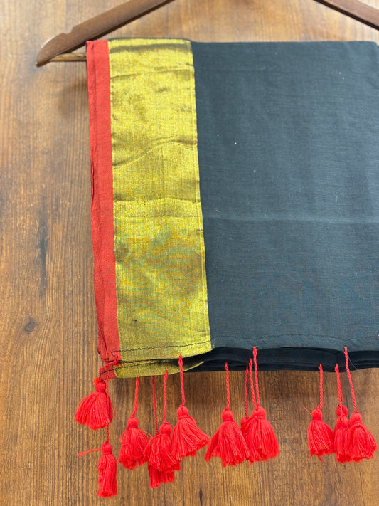 Mul Cotton Black Saree | with Red  & Golden Border | with Red Tassels