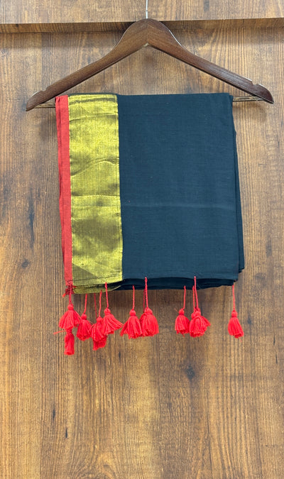 Mul Cotton Black Saree | with Red  & Golden Border | with Red Tassels