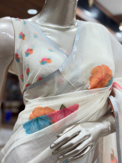 Chanderi Cotton Saree | Floral Printed | with Blouse Material