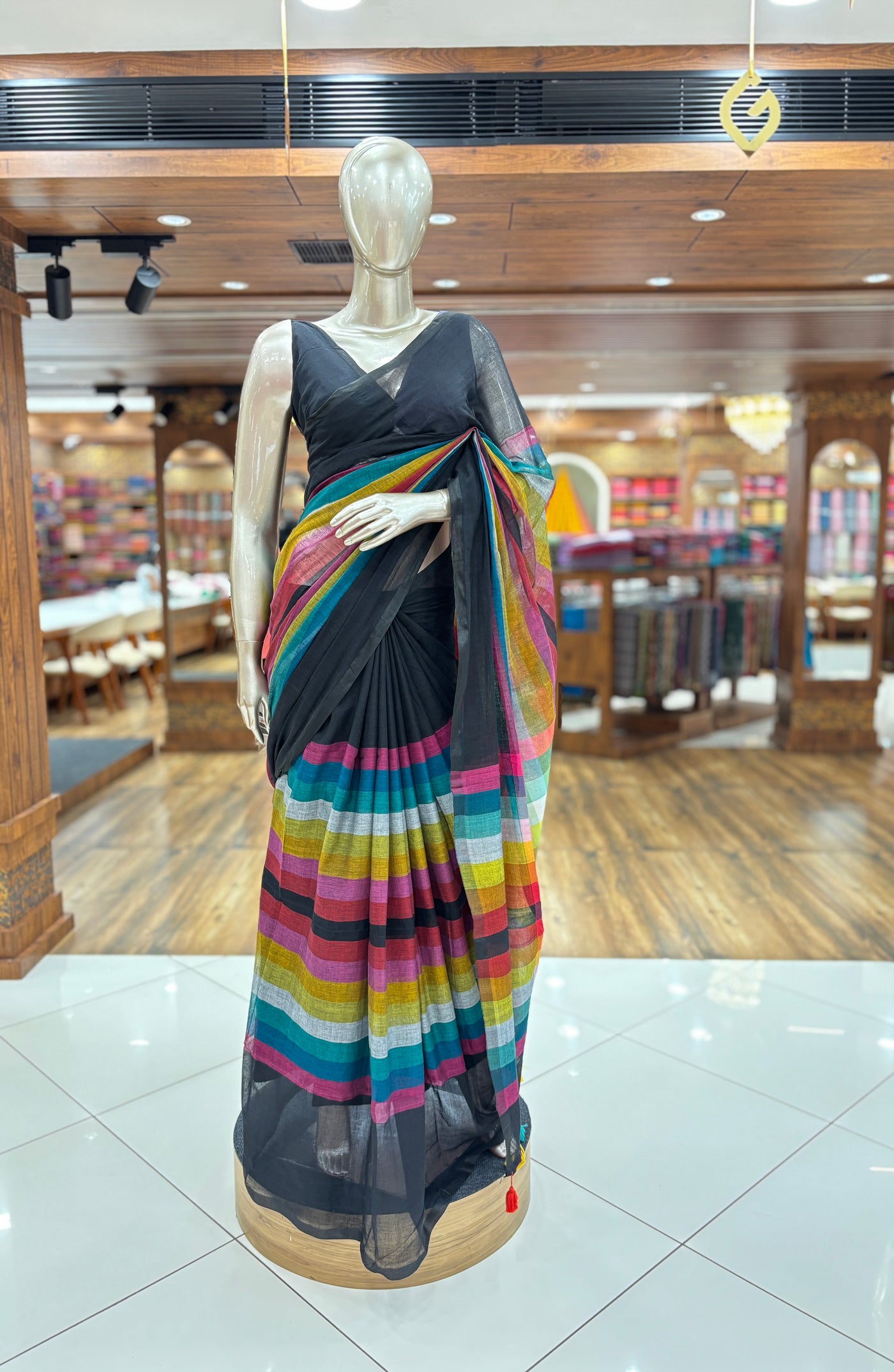 Rainbow Striped Mul Cotton Saree with Black Border & Tassels | Lightweight Soft Cotton Saree |