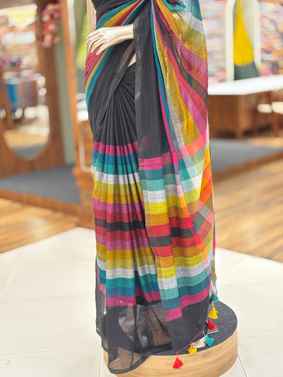 Rainbow Striped Mul Cotton Saree with Black Border & Tassels | Lightweight Soft Cotton Saree |