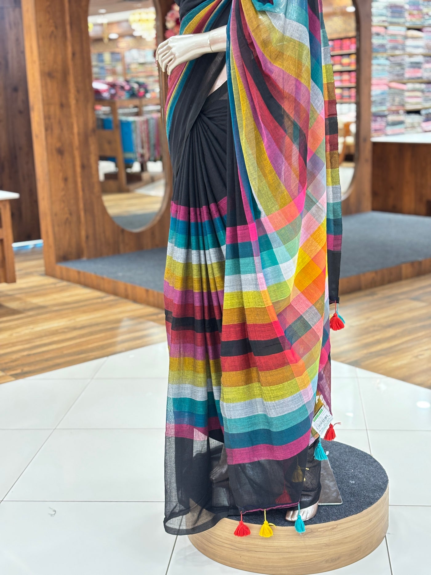 Rainbow Striped Mul Cotton Saree with Black Border & Tassels | Lightweight Soft Cotton Saree |