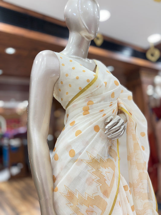 Chanderi Cotton Saree | Polka Dots | Temple Design on border | with Unstitched Blouse