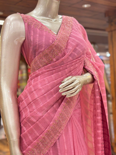 Chiffon Stripe Saree With Stone Border and Unstitched Blouse material