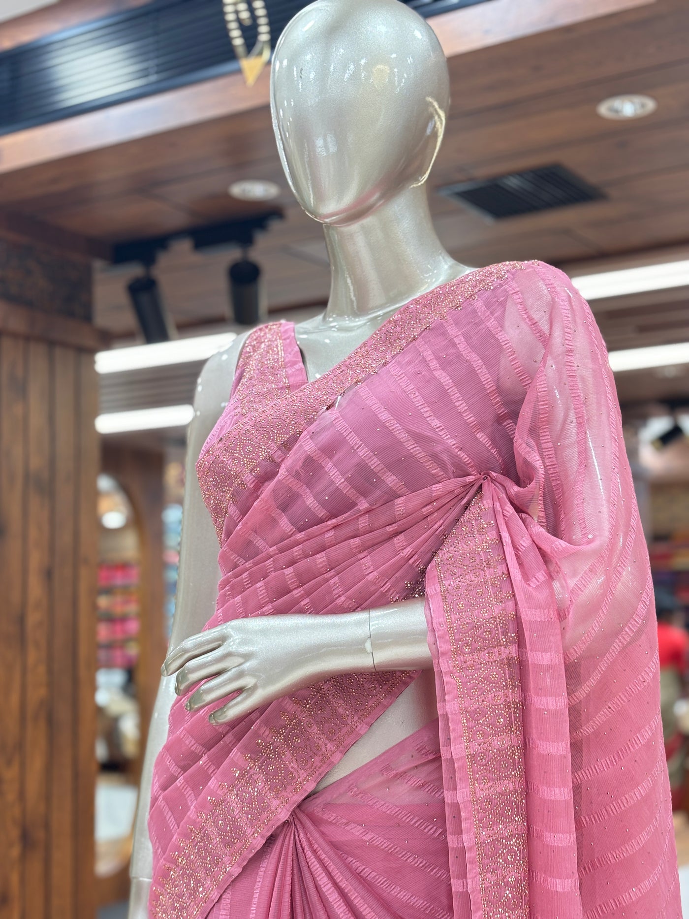 Chiffon Stripe Saree With Stone Border and Unstitched Blouse material
