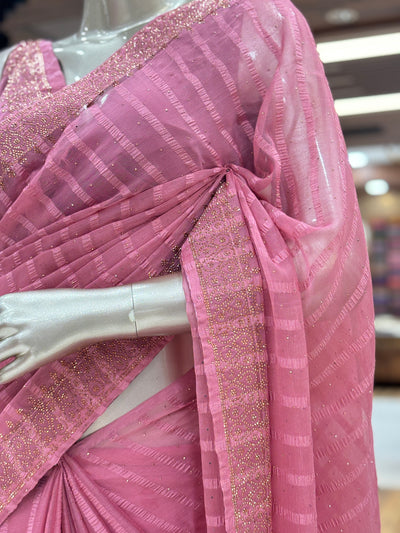 Chiffon Stripe Saree With Stone Border and Unstitched Blouse material