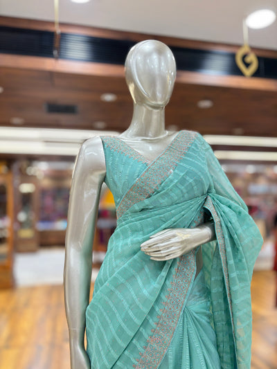 Chiffon Stripe Saree With Stone Border and Unstitched Blouse material