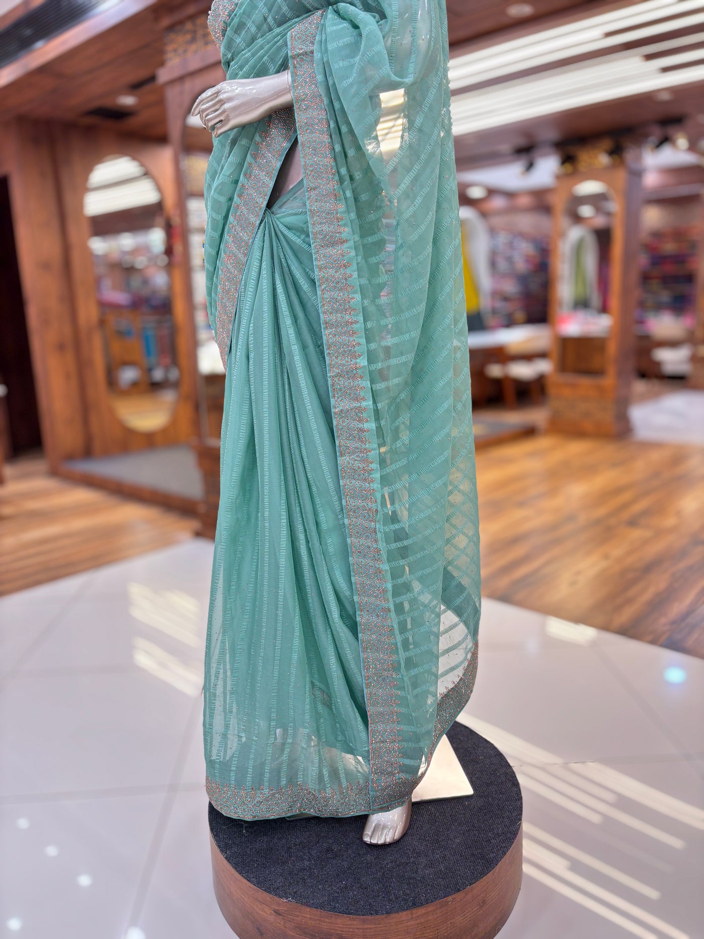 Chiffon Stripe Saree With Stone Border and Unstitched Blouse material