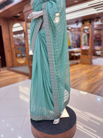 Chiffon Stripe Saree With Stone Border and Unstitched Blouse material