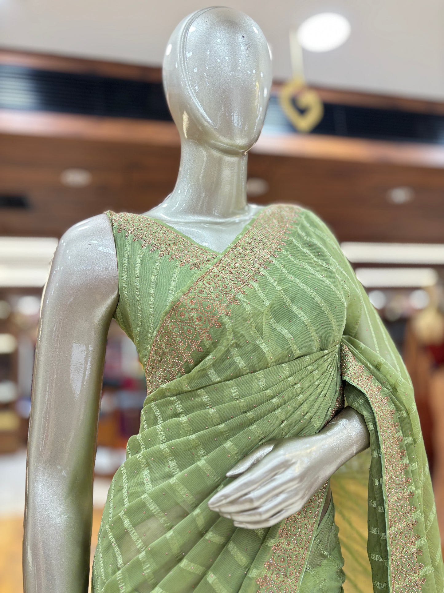 Chiffon Stripe Saree With Stone Border and Unstitched Blouse material