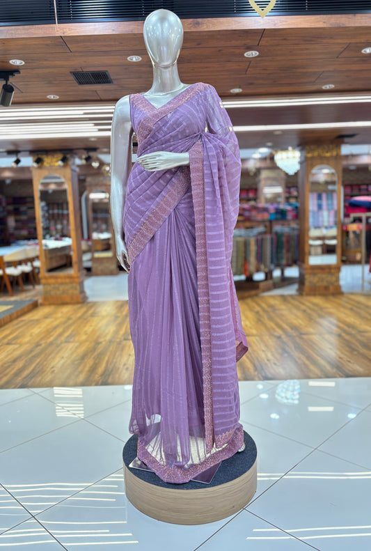 Chiffon Stripe Saree With Stone Border and Unstitched Blouse material