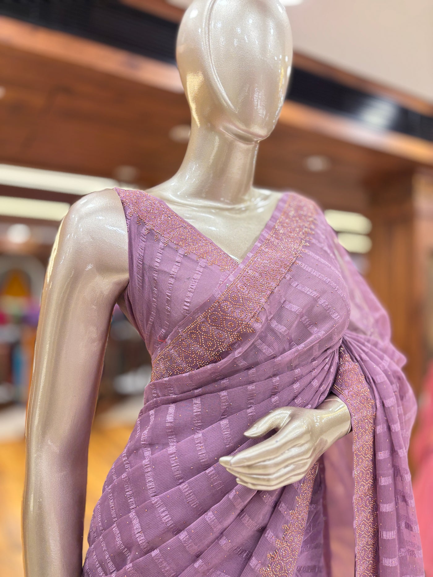 Chiffon Stripe Saree With Stone Border and Unstitched Blouse material