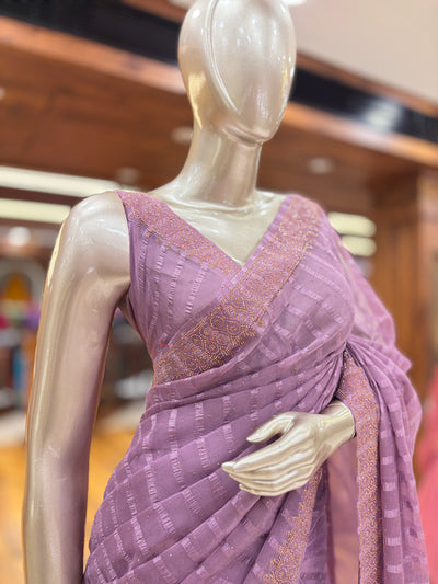 Chiffon Stripe Saree With Stone Border and Unstitched Blouse material