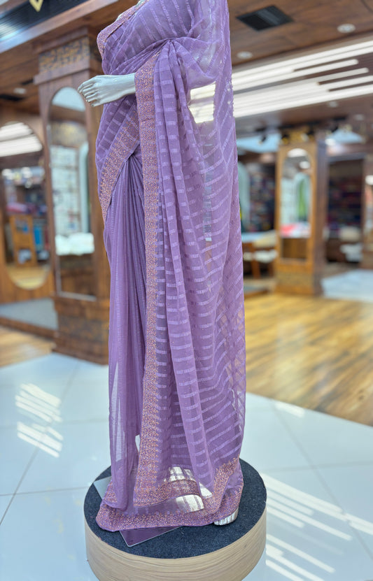 Chiffon Stripe Saree With Stone Border and Unstitched Blouse material