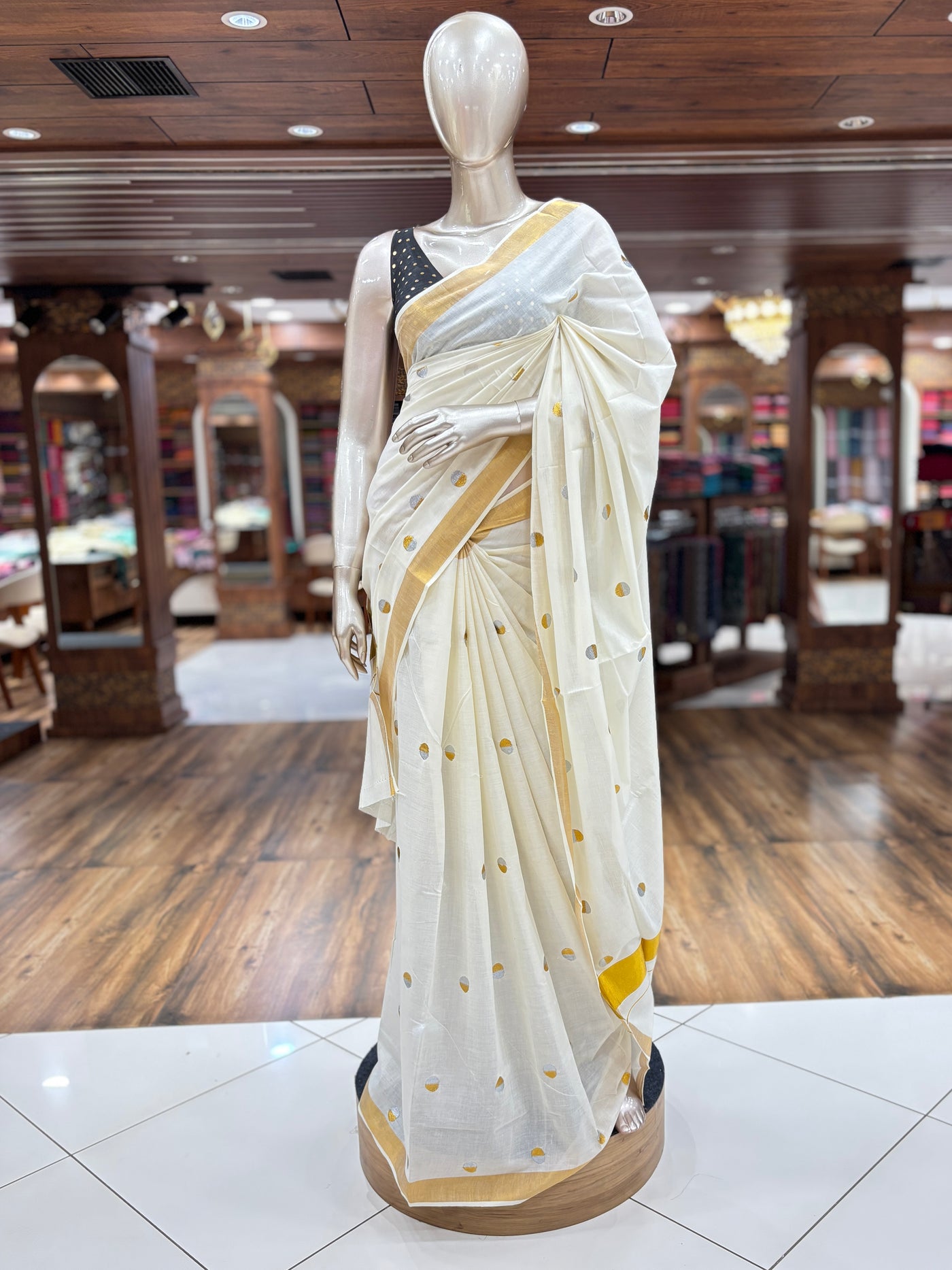 Kerala Kasavu Cotton Saree with Zari border |Embroidered Dual-Tone Polka Dots