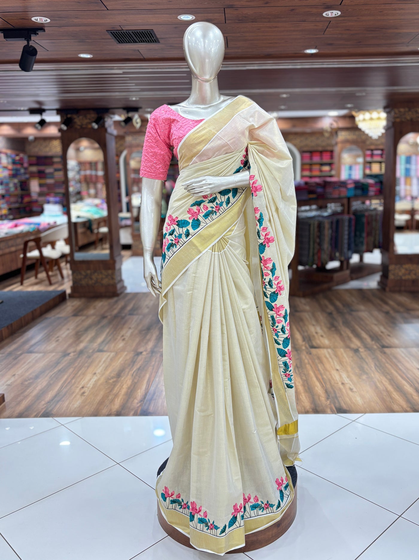 Women's Kerala Kasavu Sarees Traditional | With Zari Border| Tissue Silk | Lotus Flower Print | With Running Blouse Piece