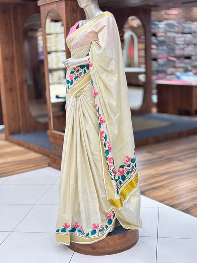 Women's Kerala Kasavu Sarees Traditional | With Zari Border| Tissue Silk | Lotus Flower Print | With Running Blouse Piece