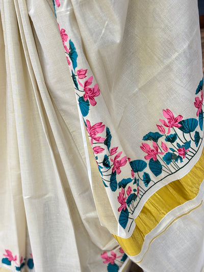 Women's Kerala Kasavu Sarees Traditional | With Zari Border| Tissue Silk | Lotus Flower Print | With Running Blouse Piece