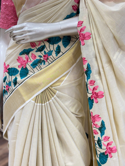 Women's Kerala Kasavu Sarees Traditional | With Zari Border| Tissue Silk | Lotus Flower Print | With Running Blouse Piece