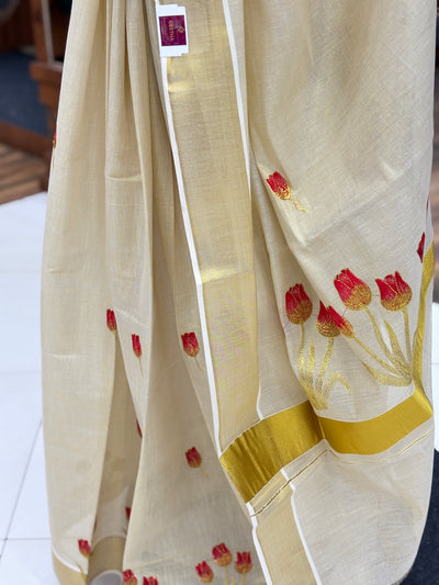 Women's Kerala Kasavu Sarees Traditional | With Zari Border| Tissue Silk | Tulip Flower Print | With Running Blouse Piece