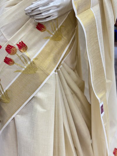 Women's Kerala Kasavu Sarees Traditional | With Zari Border| Tissue Silk | Tulip Flower Print | With Running Blouse Piece