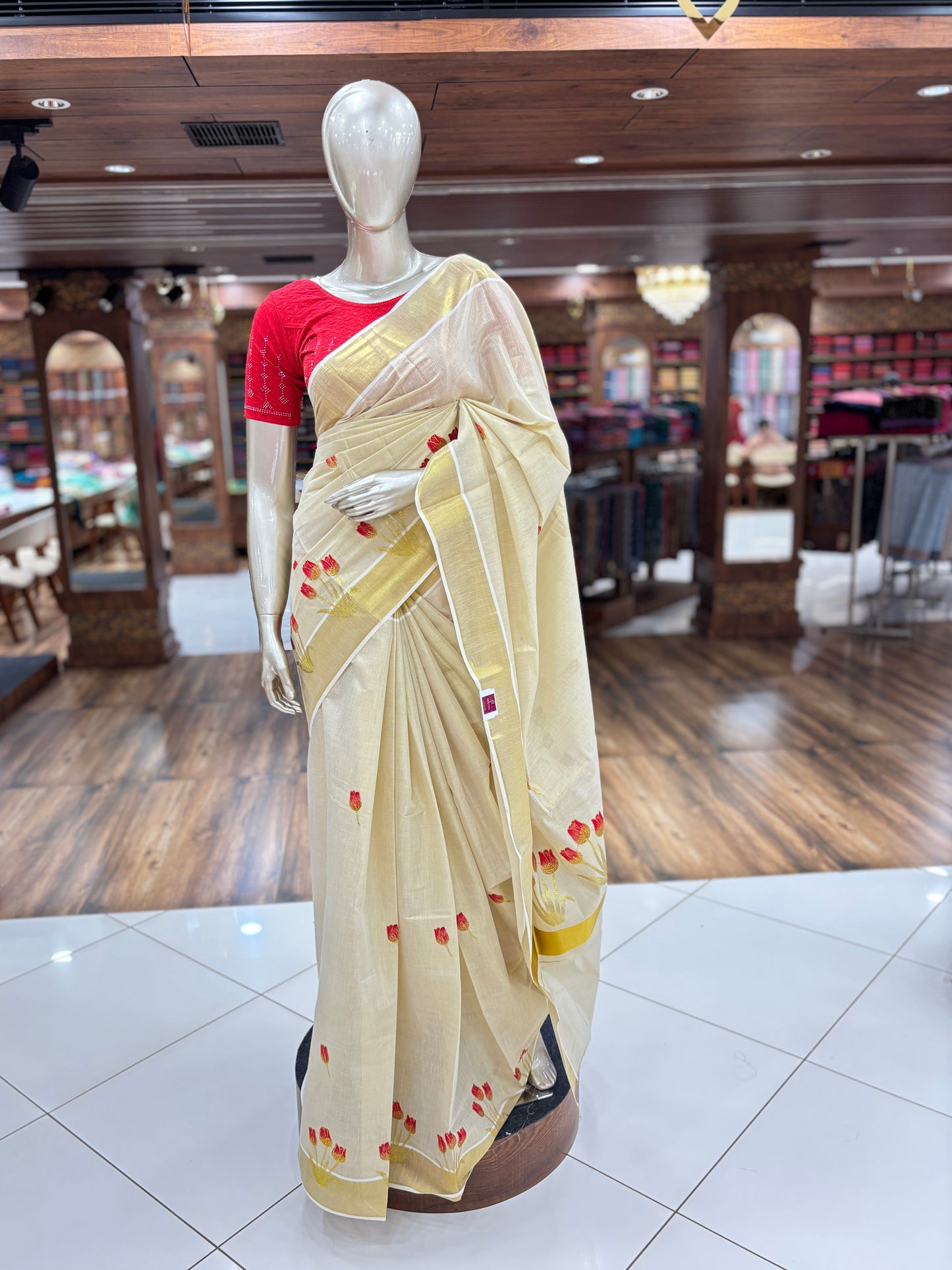 Women's Kerala Kasavu Sarees Traditional | With Zari Border| Tissue Silk | Tulip Flower Print | With Running Blouse Piece