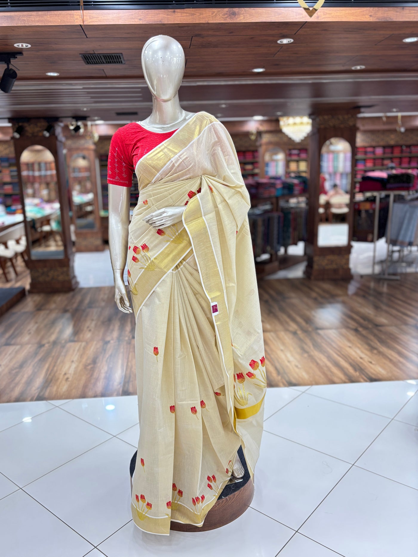 Women's Kerala Kasavu Sarees Traditional | With Zari Border| Tissue Silk | Tulip Flower Print | With Running Blouse Piece