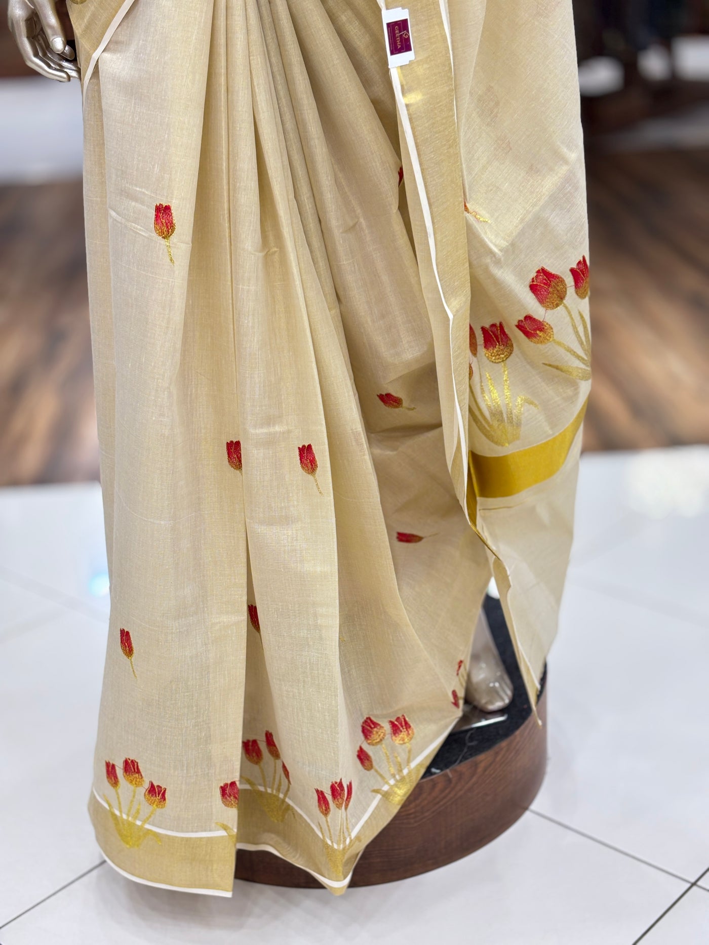 Women's Kerala Kasavu Sarees Traditional | With Zari Border| Tissue Silk | Tulip Flower Print | With Running Blouse Piece
