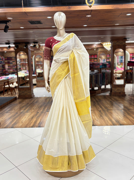 Kerala Saree | Cotton | Big Golden Pallu Saree|