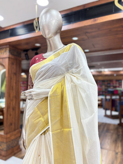 Kerala Saree | Cotton | Big Golden Pallu Saree|