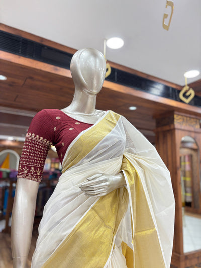 Kerala Saree | Cotton | Big Golden Pallu Saree|