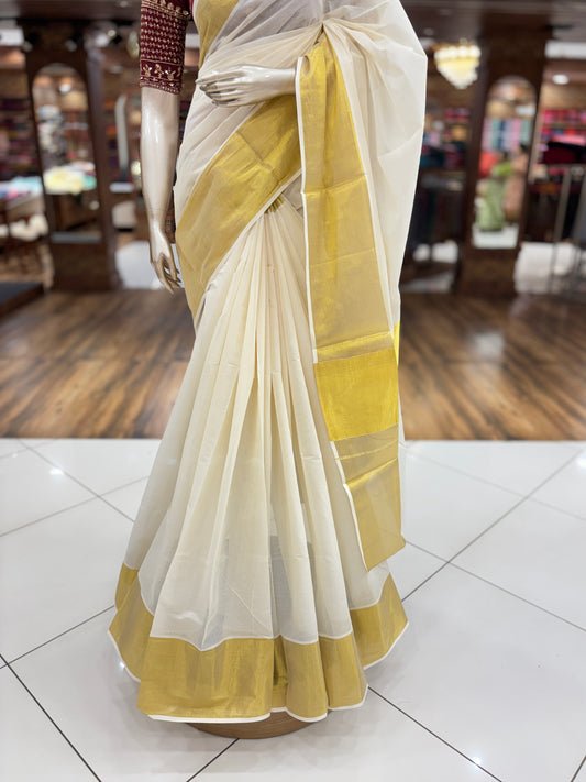 Kerala Saree | Cotton | Big Golden Pallu Saree|