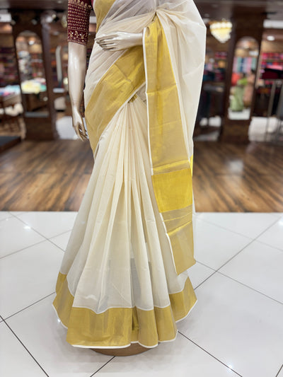 Kerala Saree | Cotton | Big Golden Pallu Saree|
