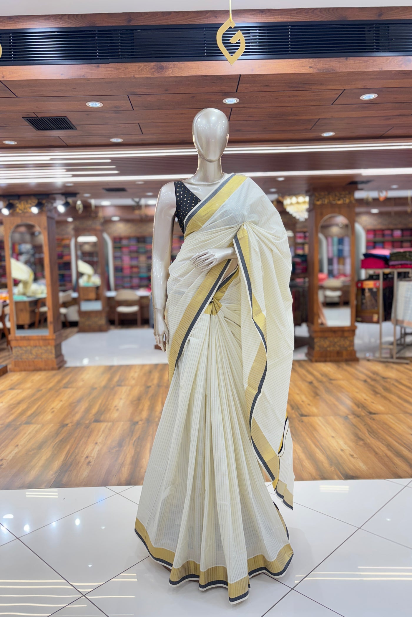 Off White Cotton Set Kerala Kasavu Saree | Golden Stripes on the body | with Dual Black highlights and Kasavu borders