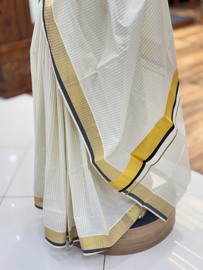 Off White Cotton Set Kerala Kasavu Saree | Golden Stripes on the body | with Dual Black highlights and Kasavu borders